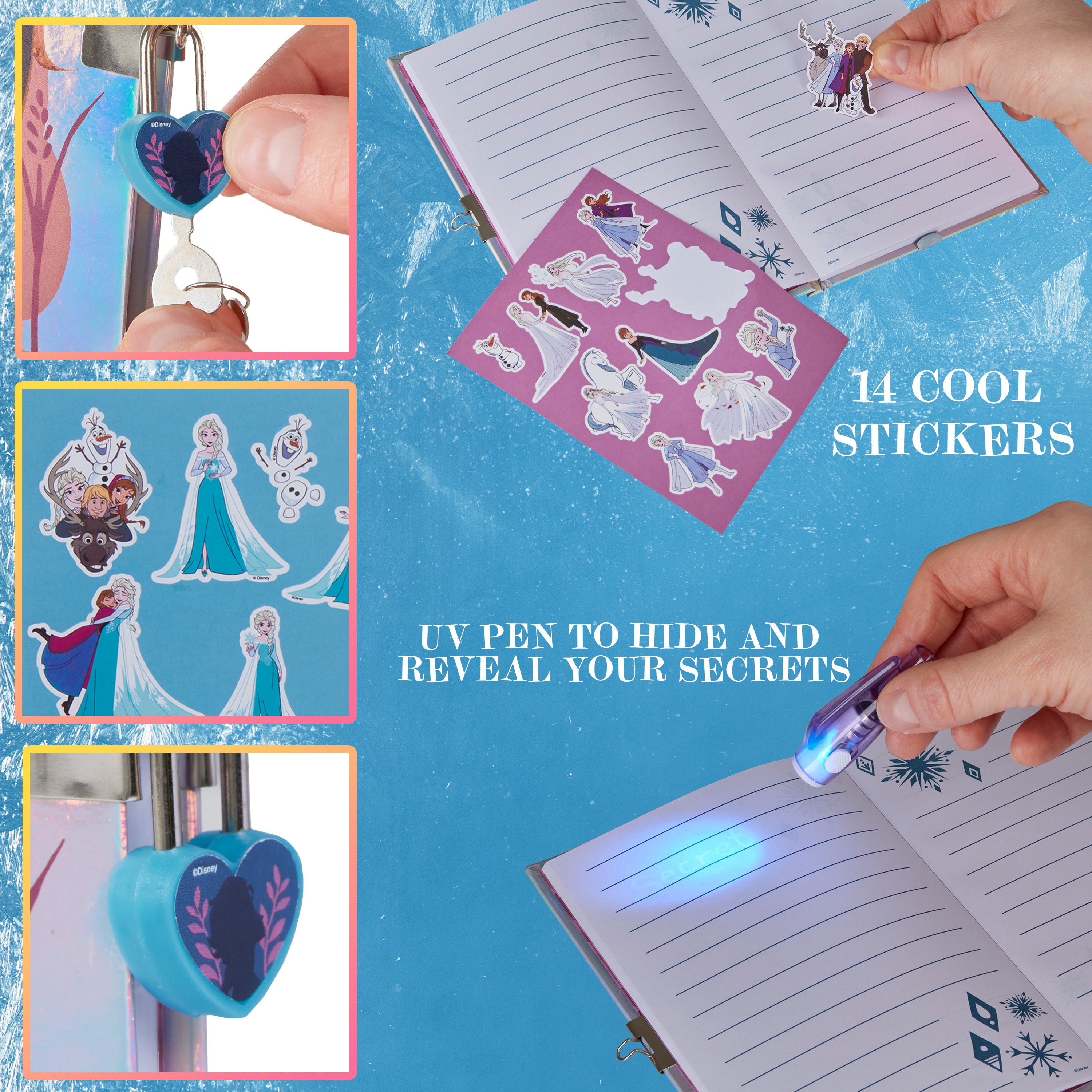 Disney Frozen Diary for Girls - Girls Diary with Lock, UV Invisible Ink Pen and Stickers Sheet - Get Trend