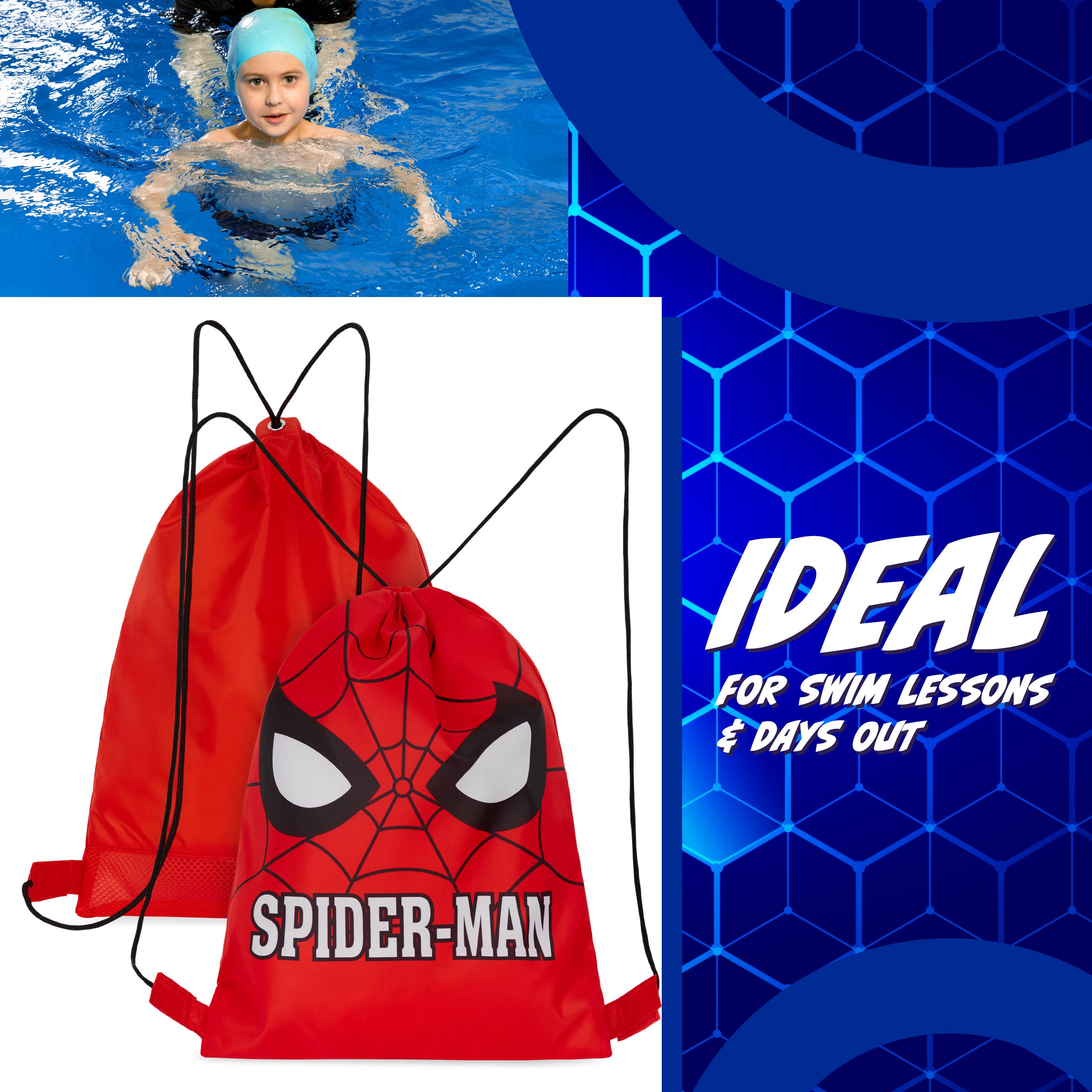 Disney Kids Drawstring Bags, 29 x 38cm Swimming Bag with Airflow Vent - Spiderman - Get Trend