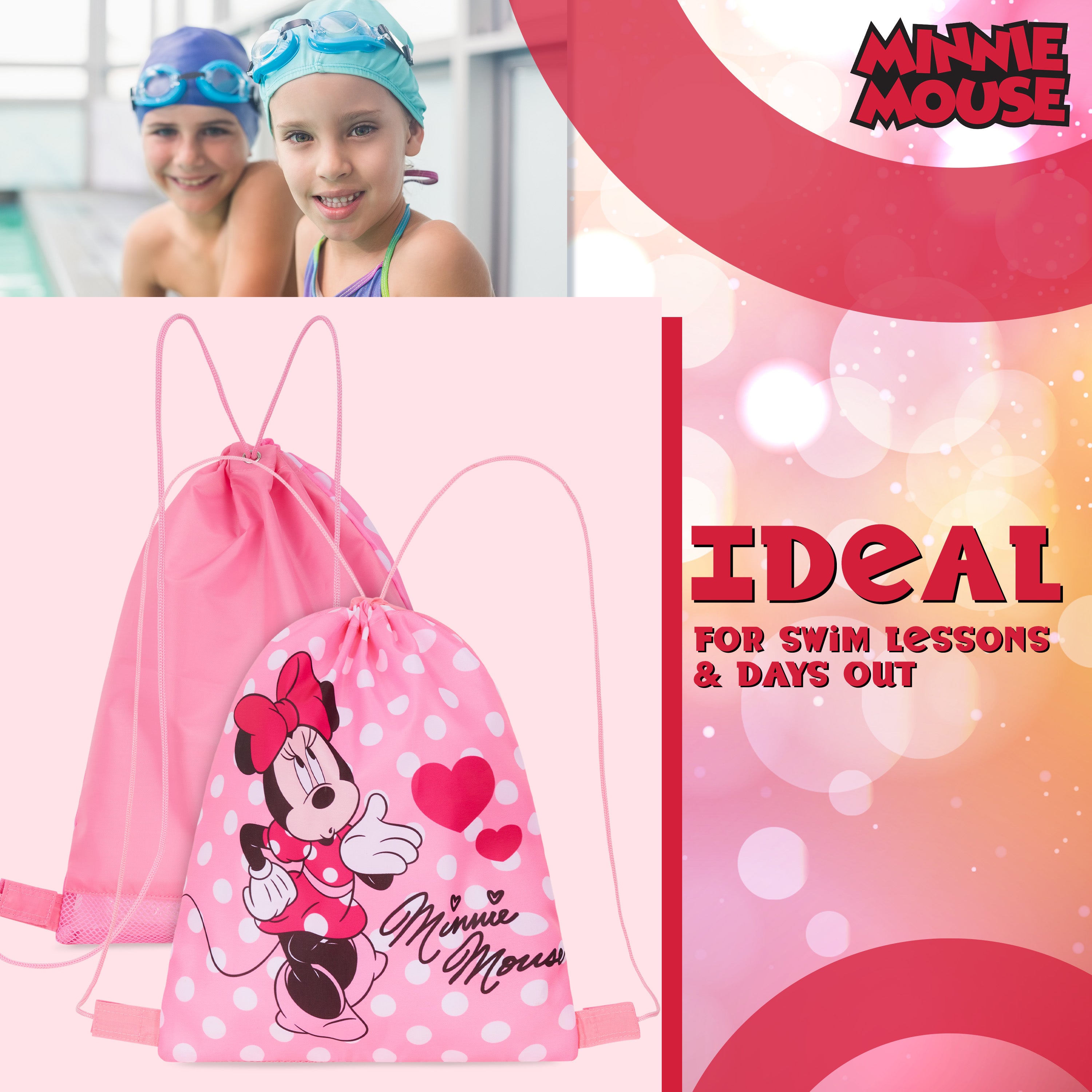 Disney Kids Drawstring Bags, 29 x 38cm Swimming Bag with Airflow Vent - Minnie - Get Trend