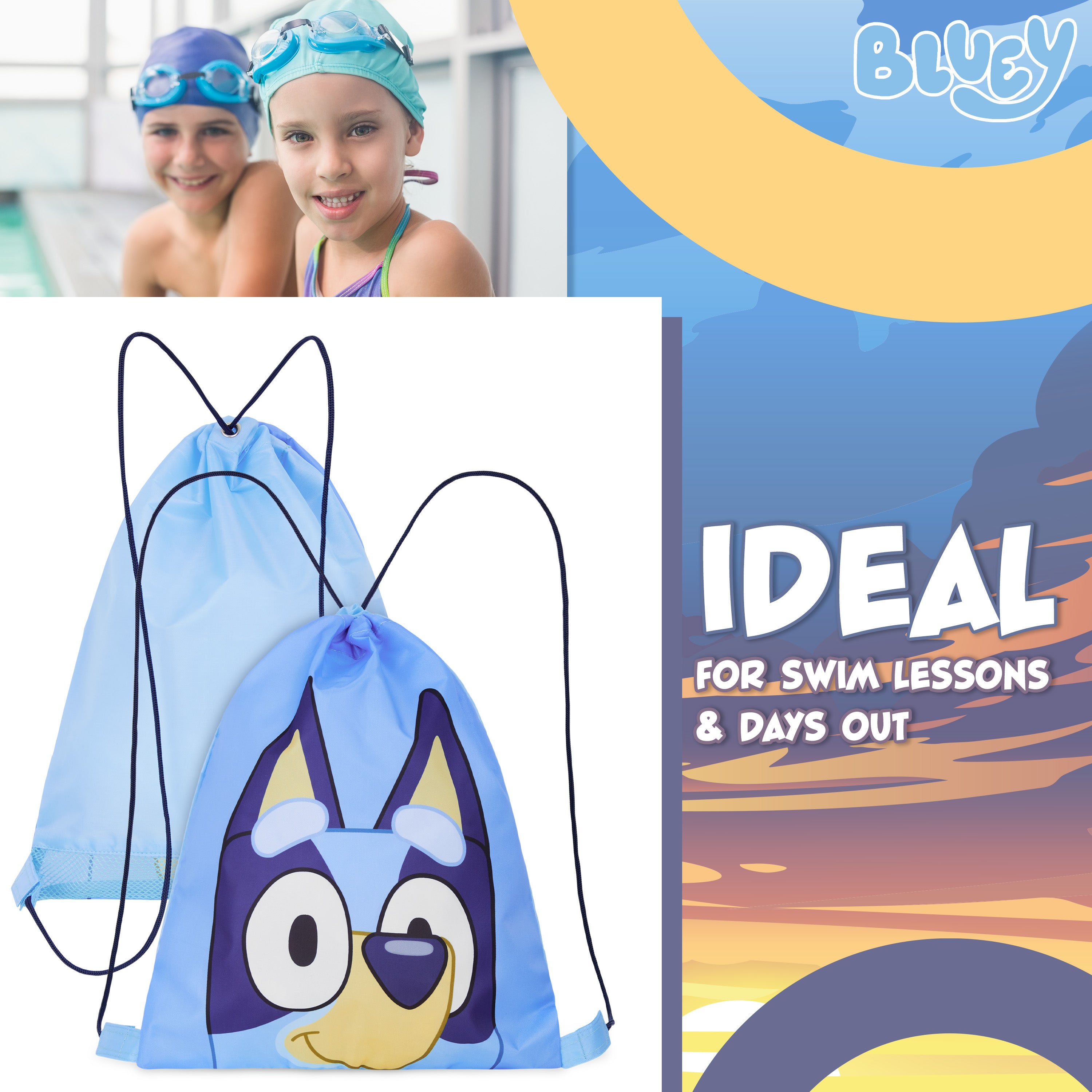 Bluey Kids Drawstring Bags, 29 x 38cm Swimming Bag with Airflow Vent - Get Trend