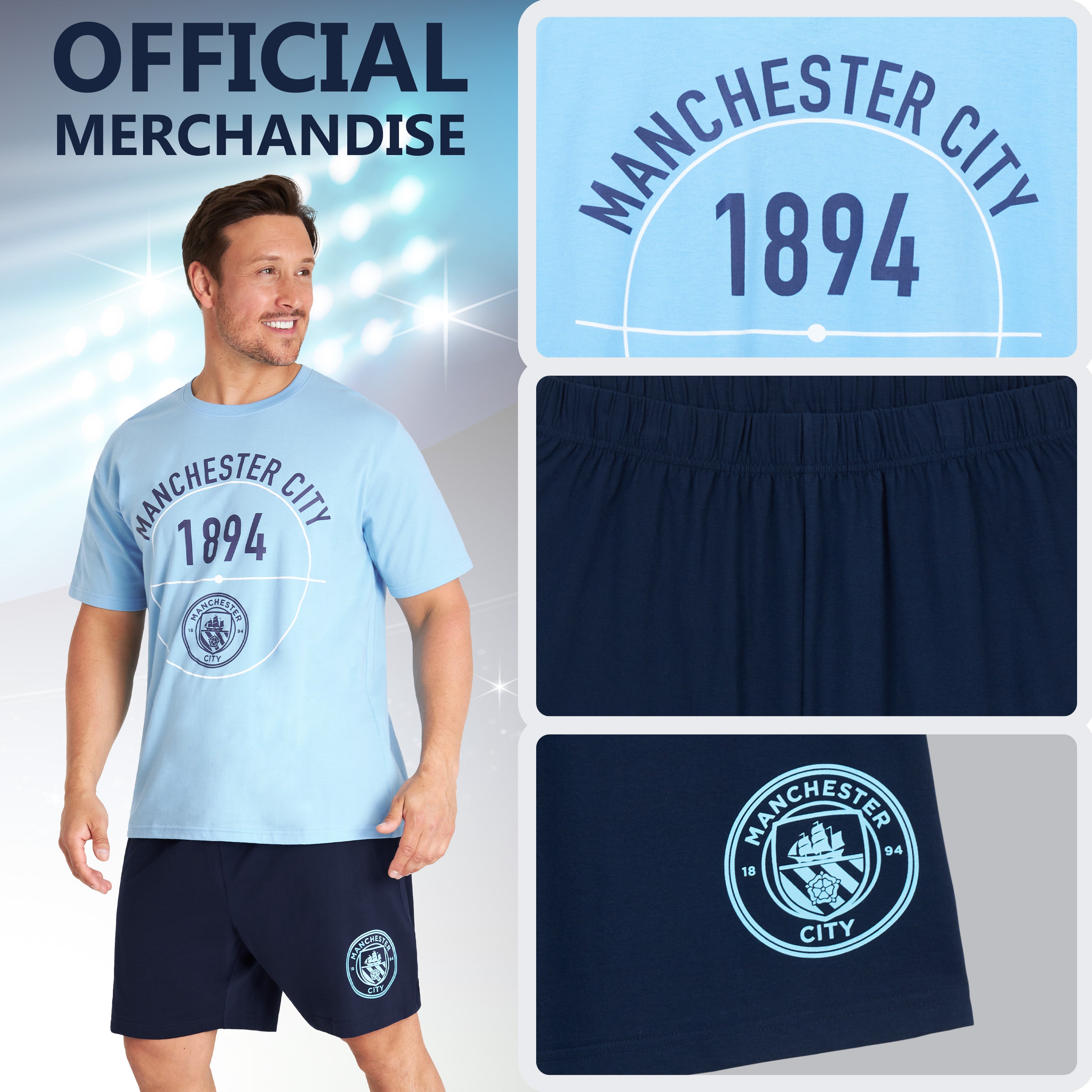 Manchester City FC Mens Pyjama Set, T-Shirt and Pyjama Shorts for Men - Get Trend