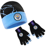 Manchester City F.C. Boys Beanie Hat & Gloves Set Winter Accessories, Boys Gifts