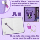 Hello Kitty Kuromi A5 Lockable Diary and Pen, Stationery Set - Gifts for Her (Purple)