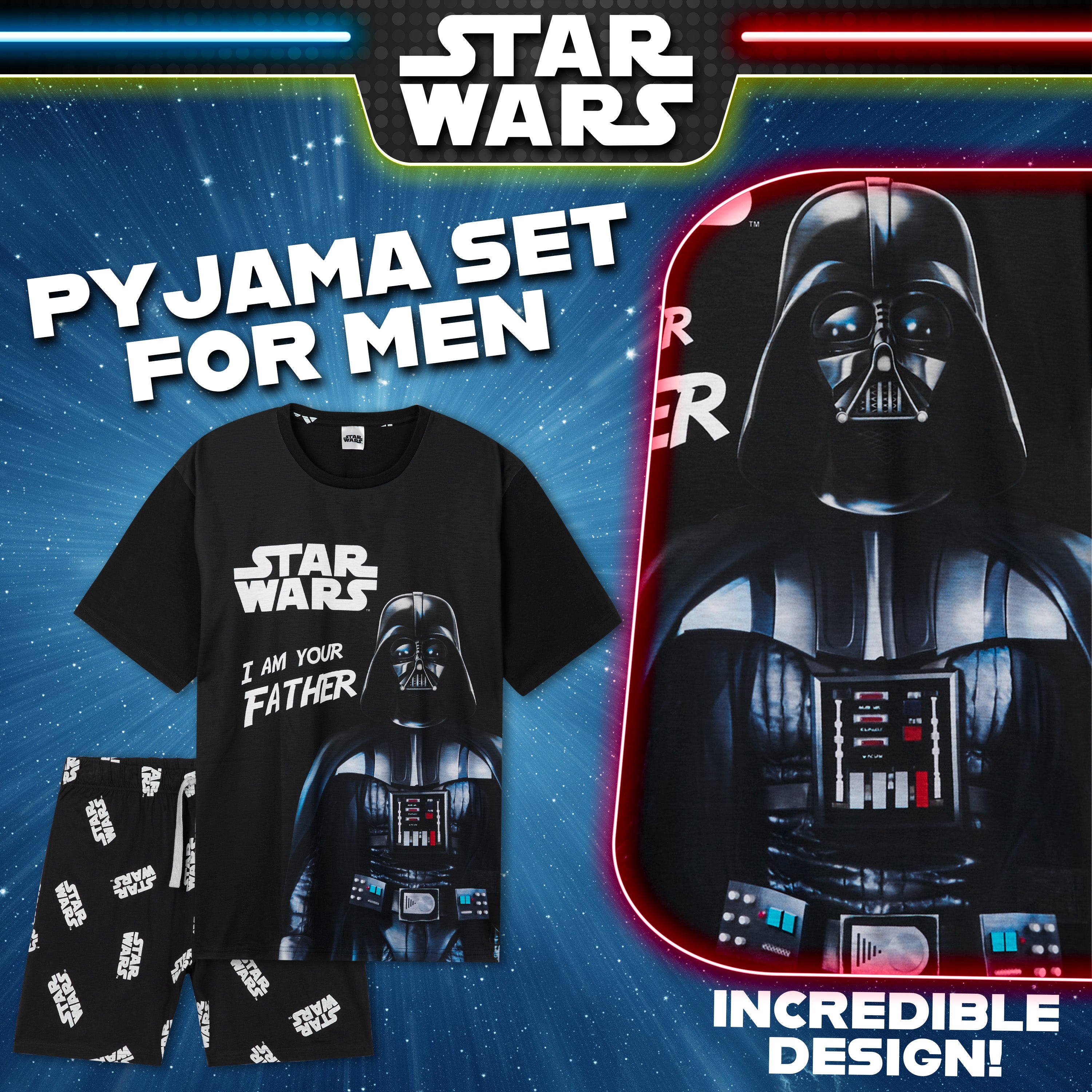 Disney Star Wars Mens Short Pyjamas Set, Dad Loungewear - Darth Vader - Get Trend