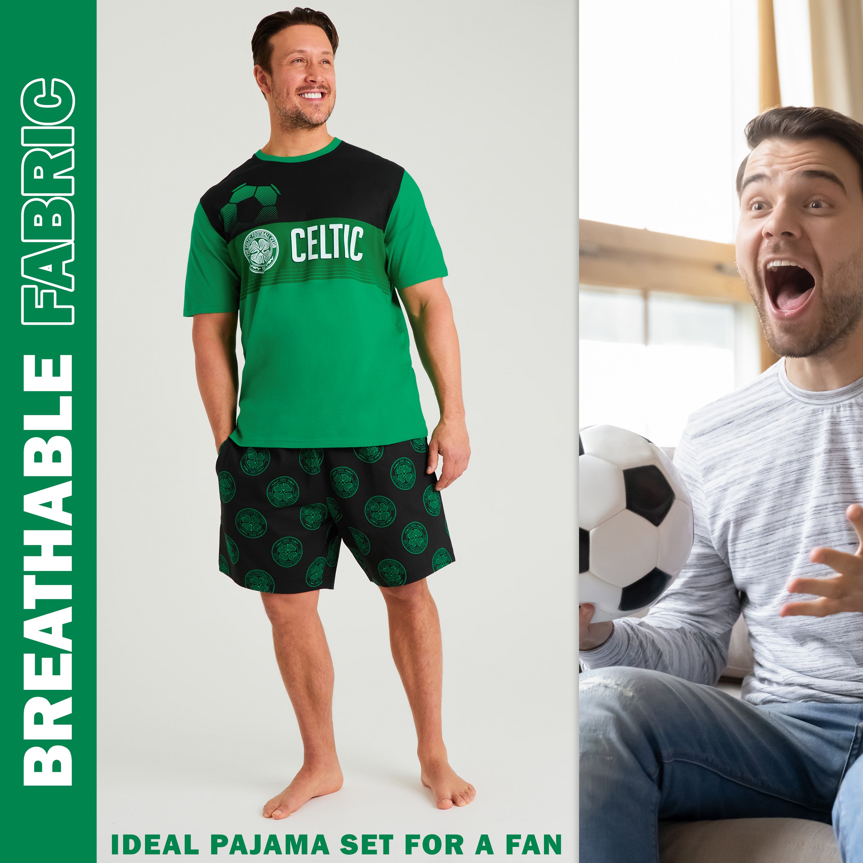 Celtic F.C. Mens PJs Sets, Shorts & T-Shirt Pyjama Set for Men - Green/Black - Get Trend