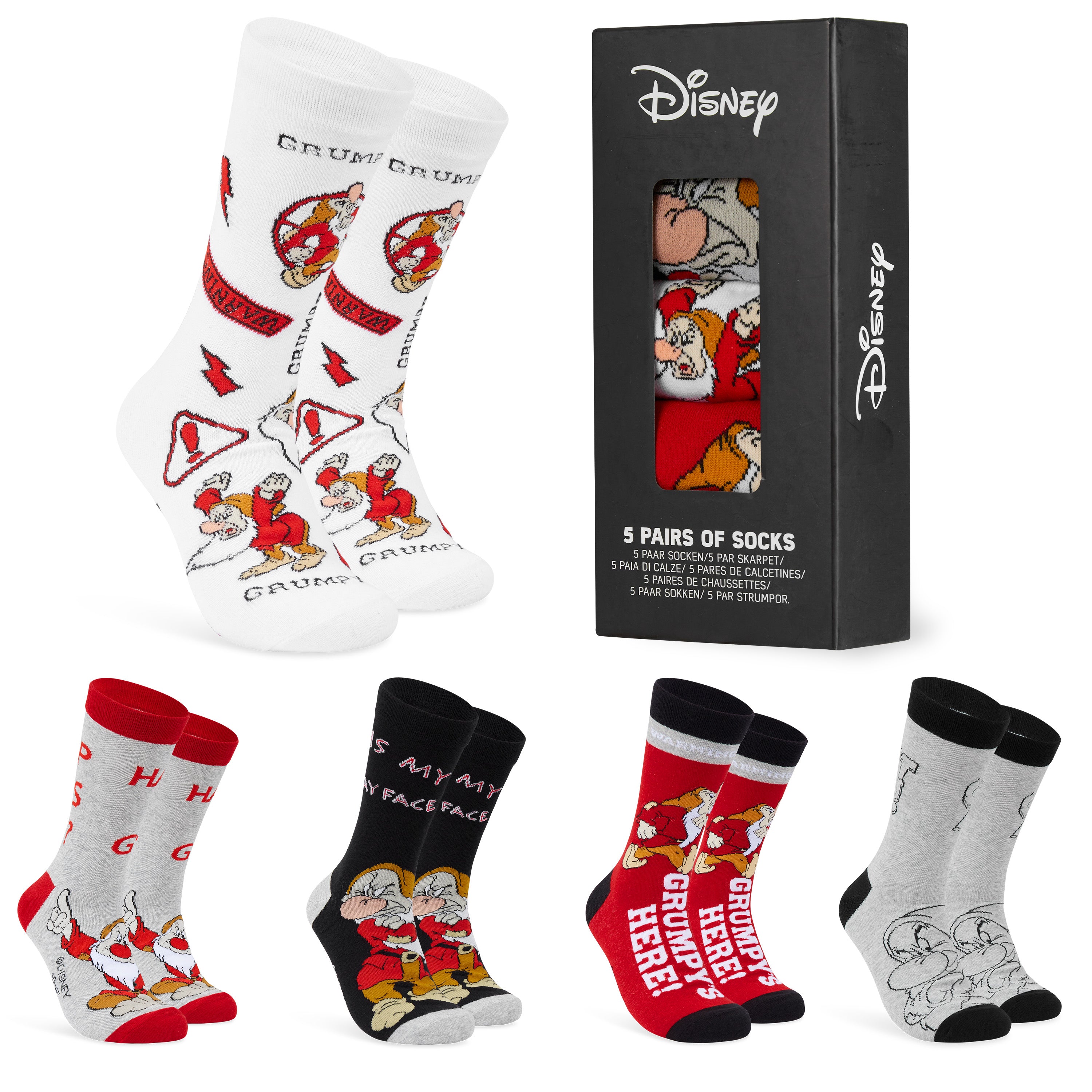 Disney Mens Socks - Pack of 5 Crew Socks for Men - Grumpy - Get Trend