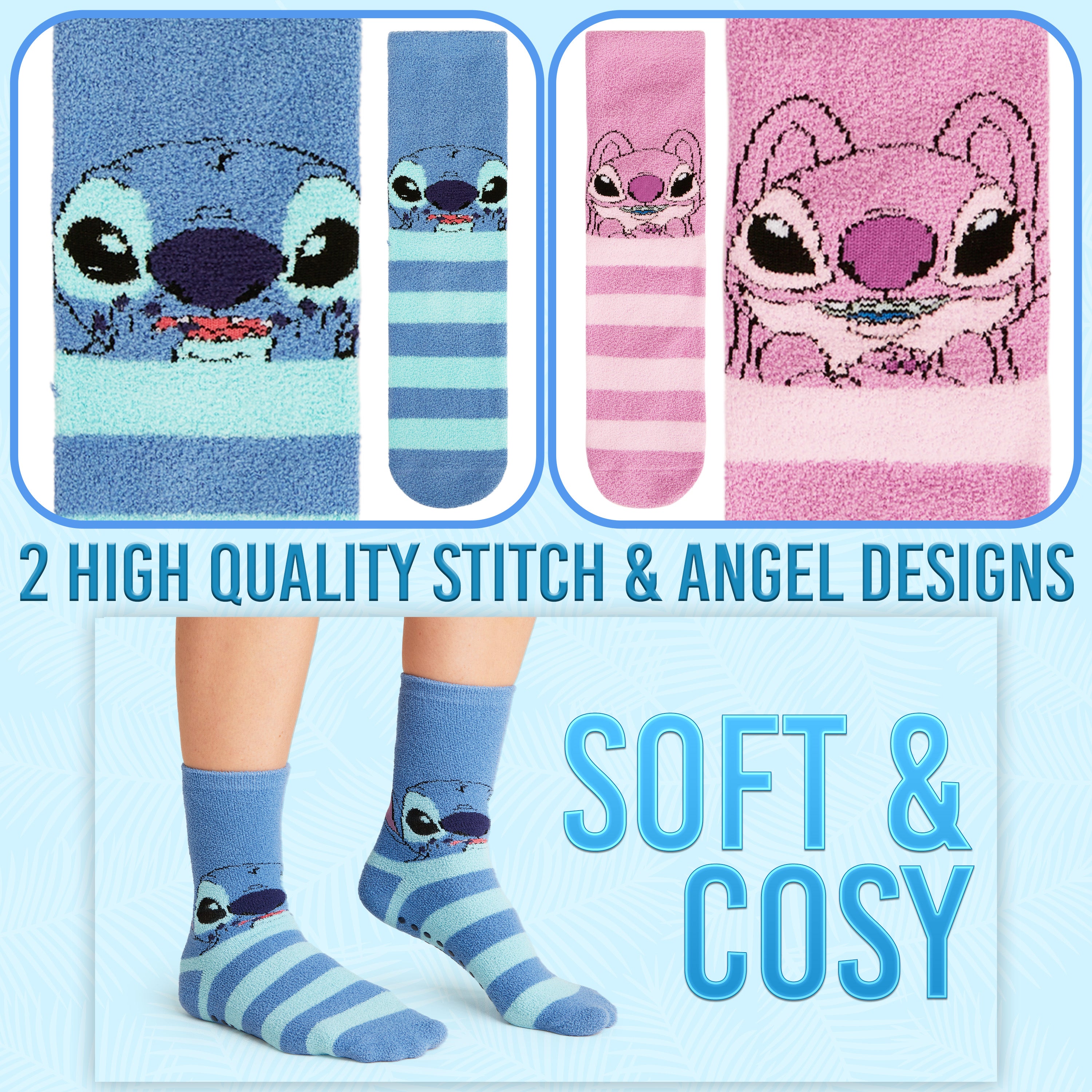 Disney Slippers Socks Women 2 Pack Fluffy Socks Non Slip - Stitch & Angel - Get Trend