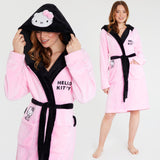 Hello Kitty Womens Fleece Dressing Gown with Hood Pockets Tie Waist, Cosy Robe - Gifts for Her