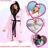 Hello Kitty Womens Fleece Dressing Gown with Hood Pockets Tie Waist, Cosy Robe - Gifts for Her