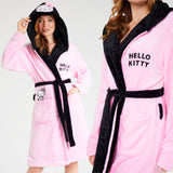 Hello Kitty Womens Fleece Dressing Gown with Hood Pockets Tie Waist, Cosy Robe - Gifts for Her