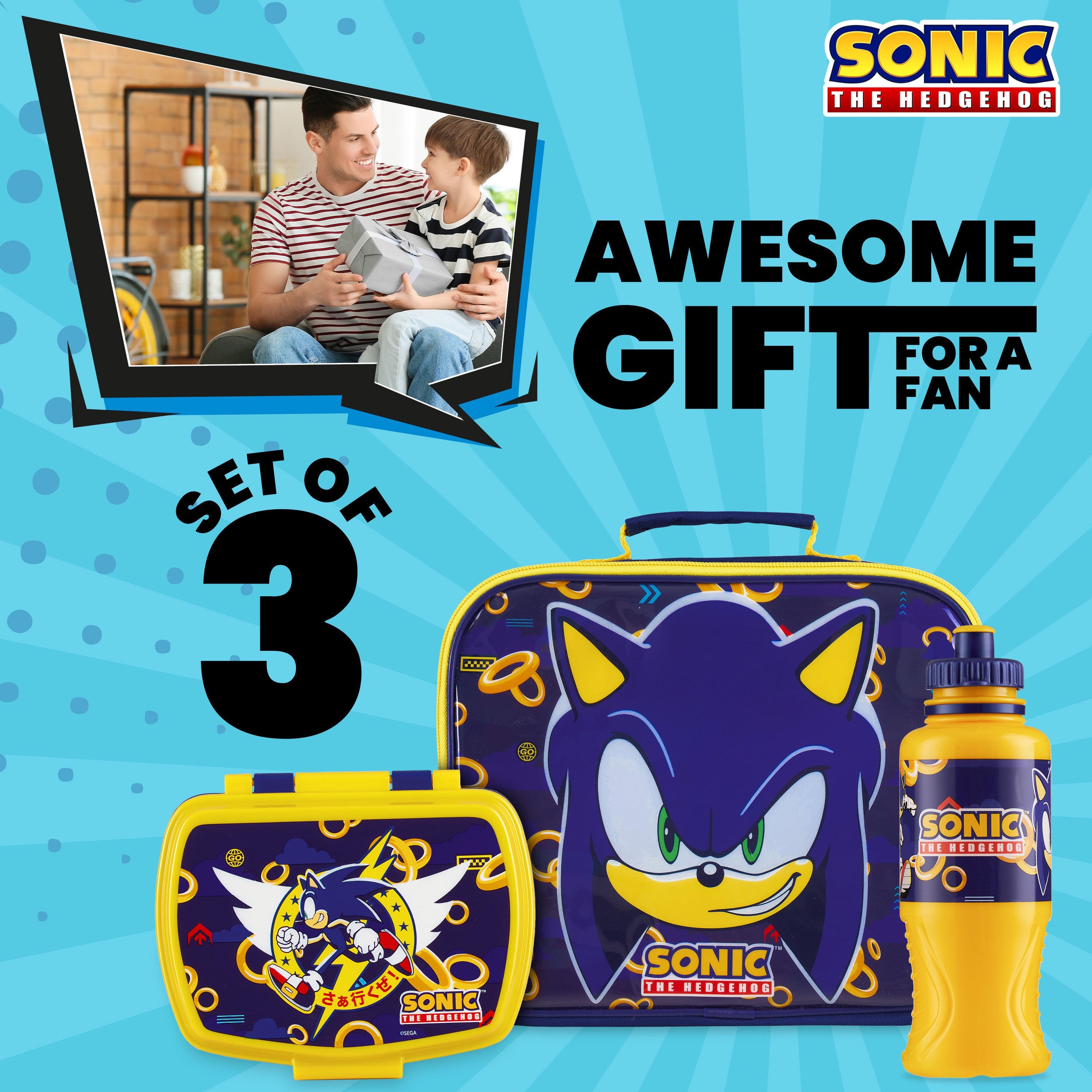 Sonic The Hedgehog Kids - 3 Piece Set Lunch Bag, Lunch Box & 430ml Water Bottle - Get Trend