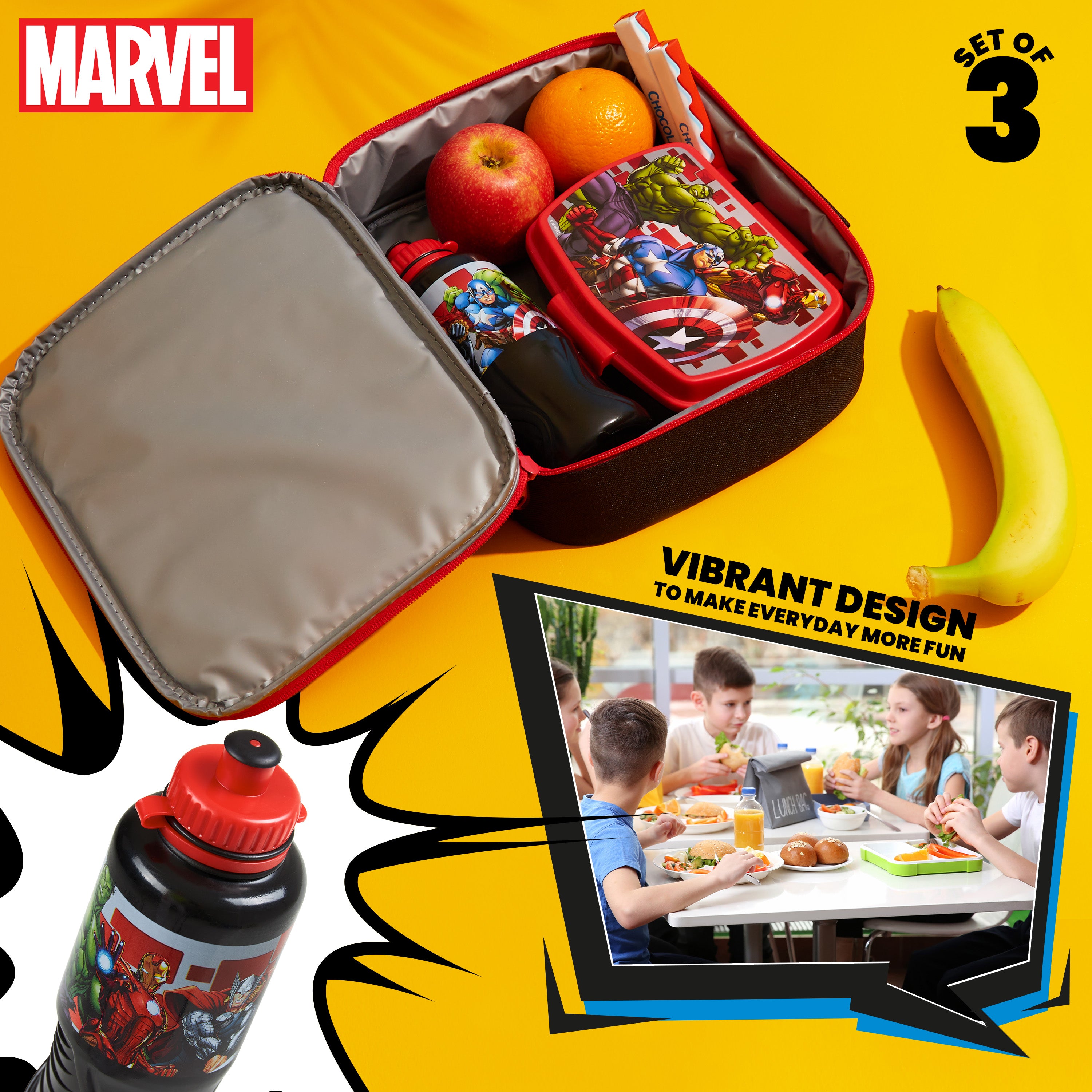 Marvel Kids Lunch Box 3 Piece Set Avengers Insulated Lunch Bag Snack Box 430ml - Get Trend