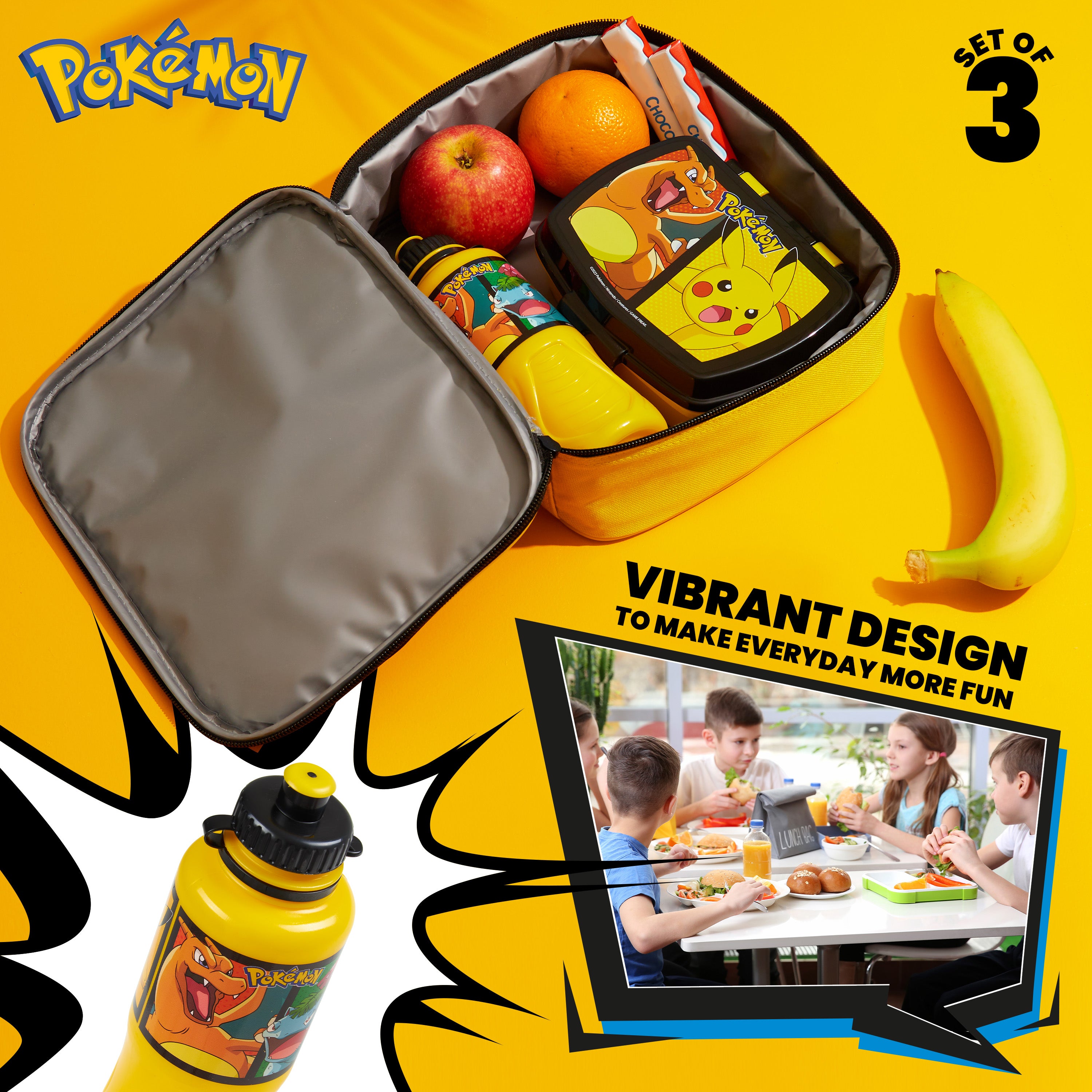 Pokemon Kids Lunch Box 3 Piece Set Insulated Lunch Bag Snack Box Pikachu 430ml Water Bottle - Get Trend