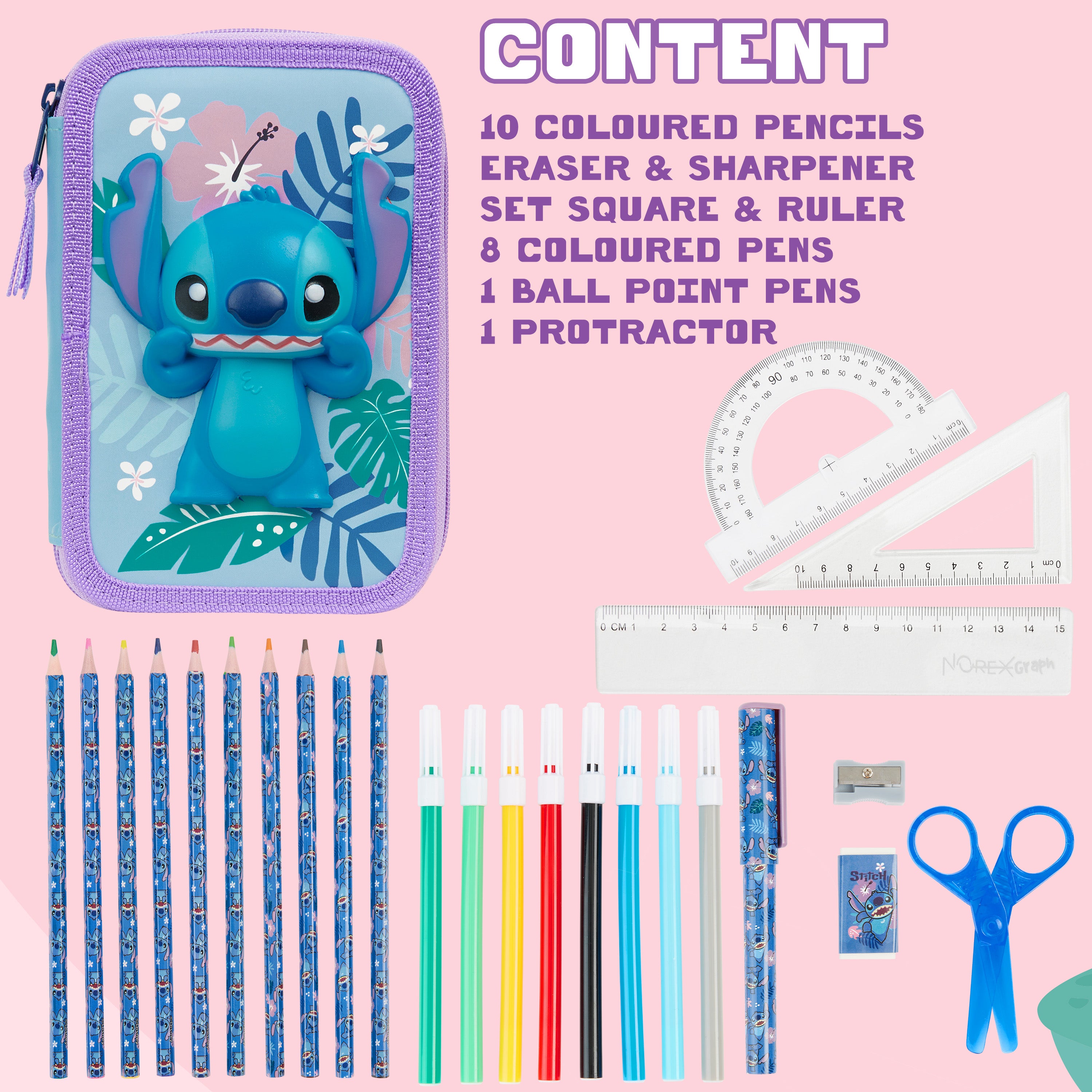 Disney Stitch Pencil Case 2 Compartments Filled Pencil Case - Get Trend