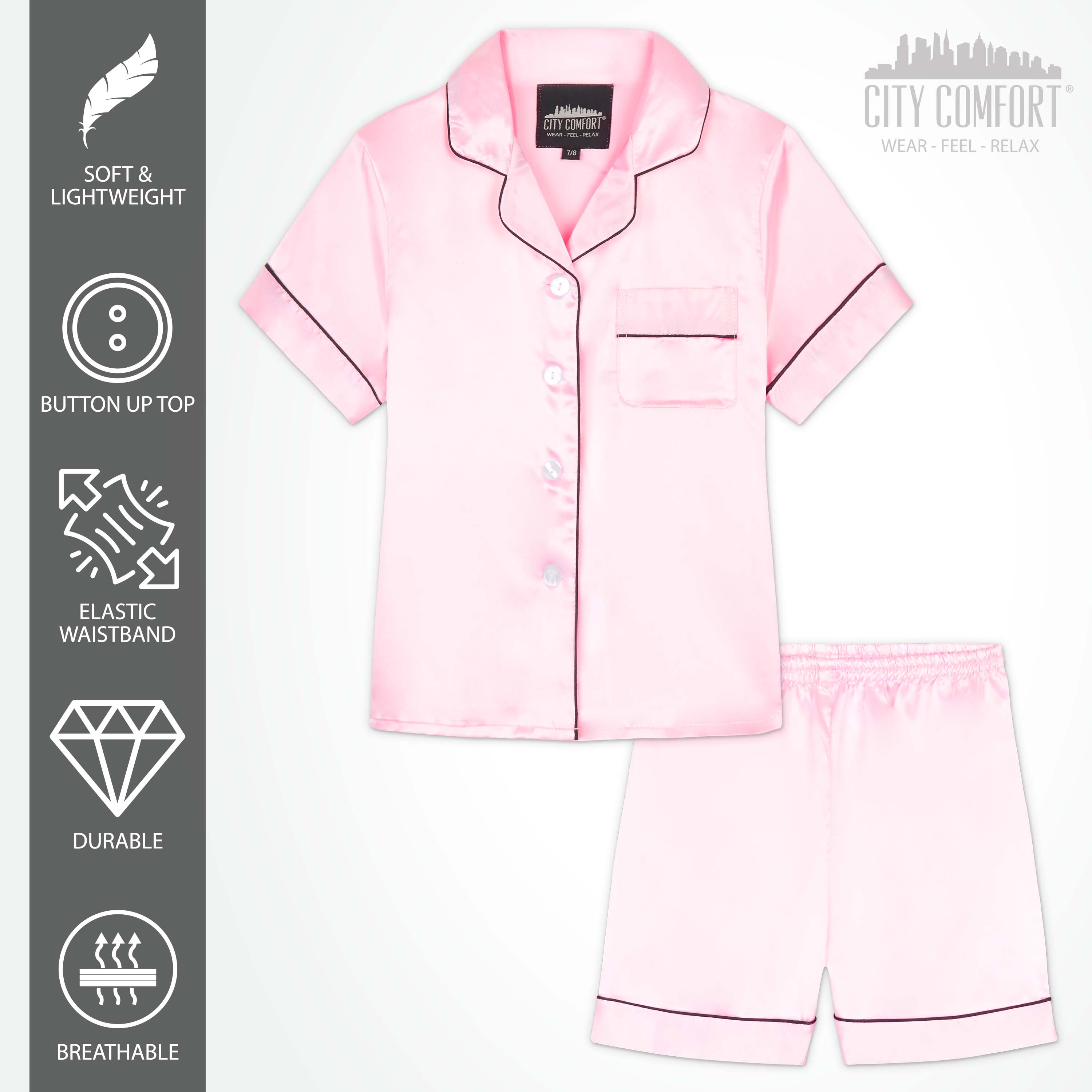 CityComfort Girls Short Pyjama Sets - Satin, Button Down 2 Piece Set - Get Trend