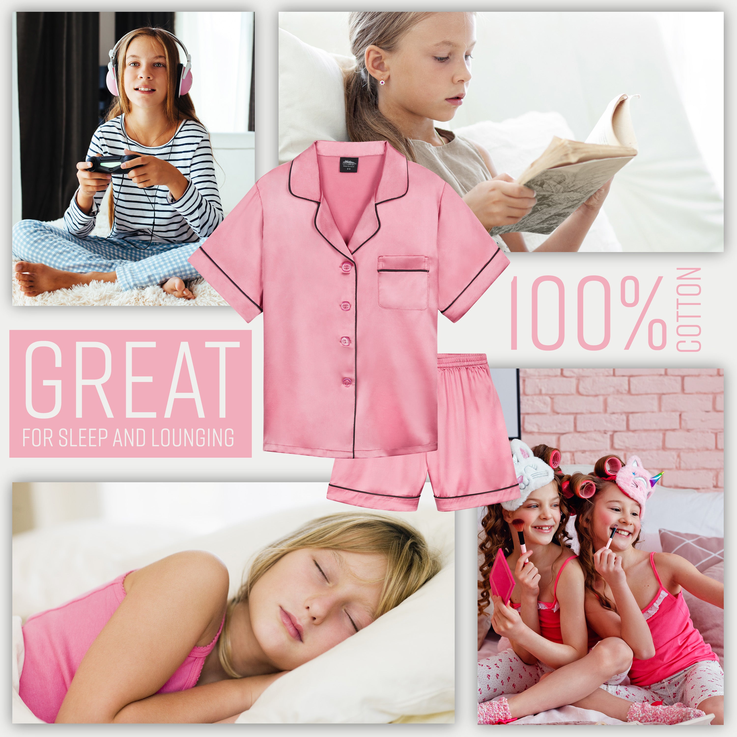 CityComfort Girls Short Pyjama Sets - Satin, Button Down 2 Piece Set - Get Trend