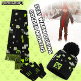 Minecraft Beanie Hat Scarf and Gloves Set for Boys and Girls - Black & Green - Get Trend