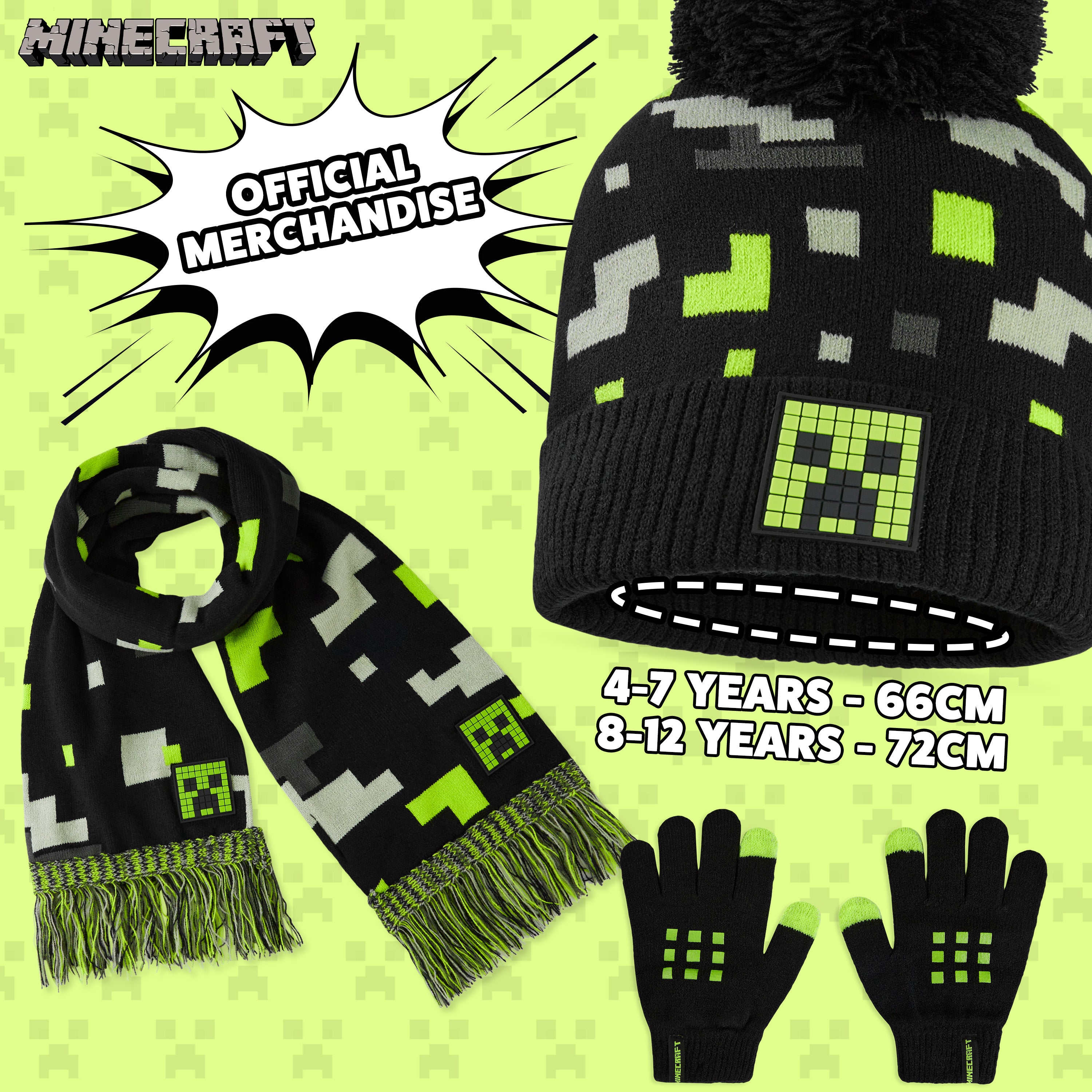 Minecraft Beanie Hat Scarf and Gloves Set for Boys and Girls - Black & Green - Get Trend