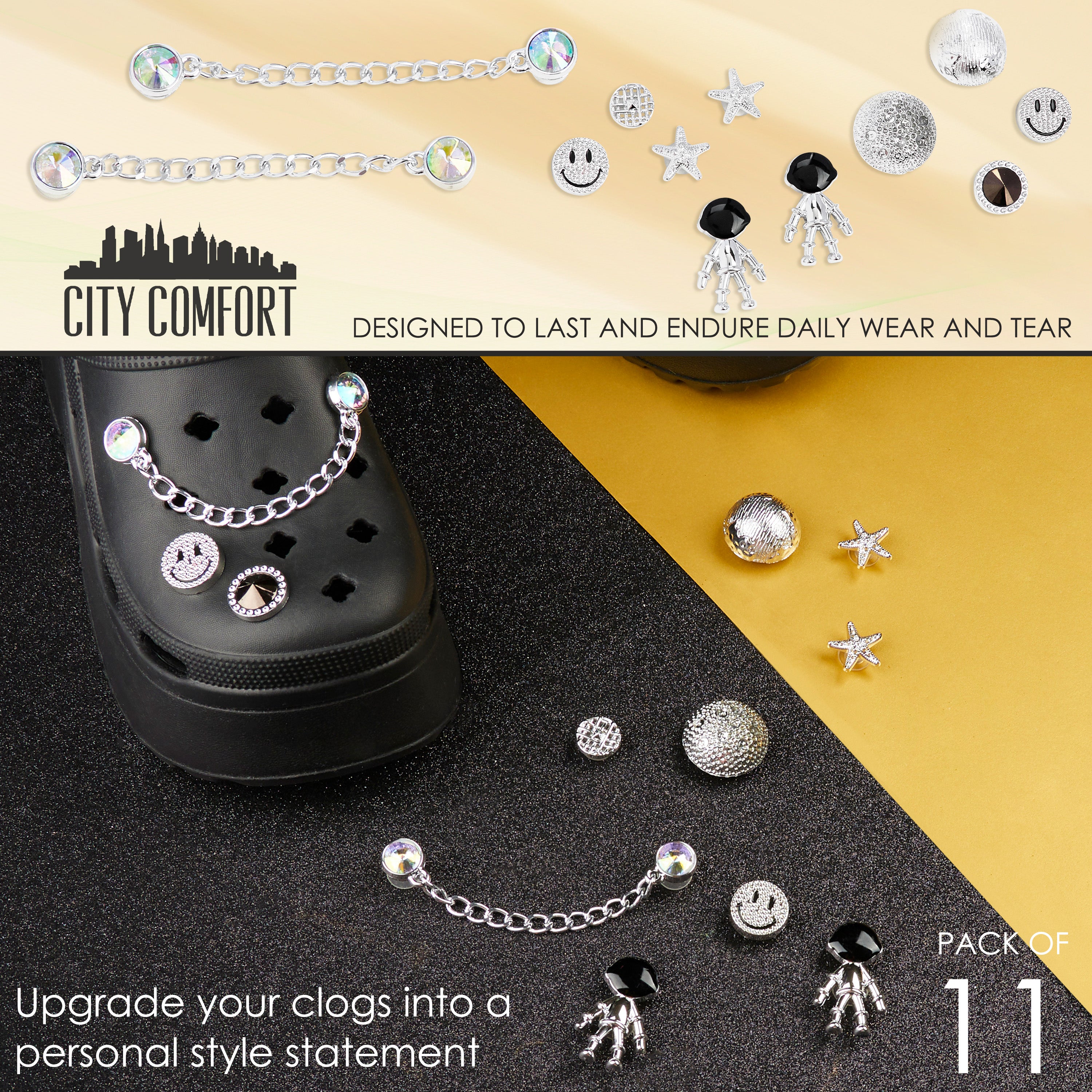 CityComfort Clog Charms, Mixed Shoe Decoration Charms - Silver/Black - Get Trend