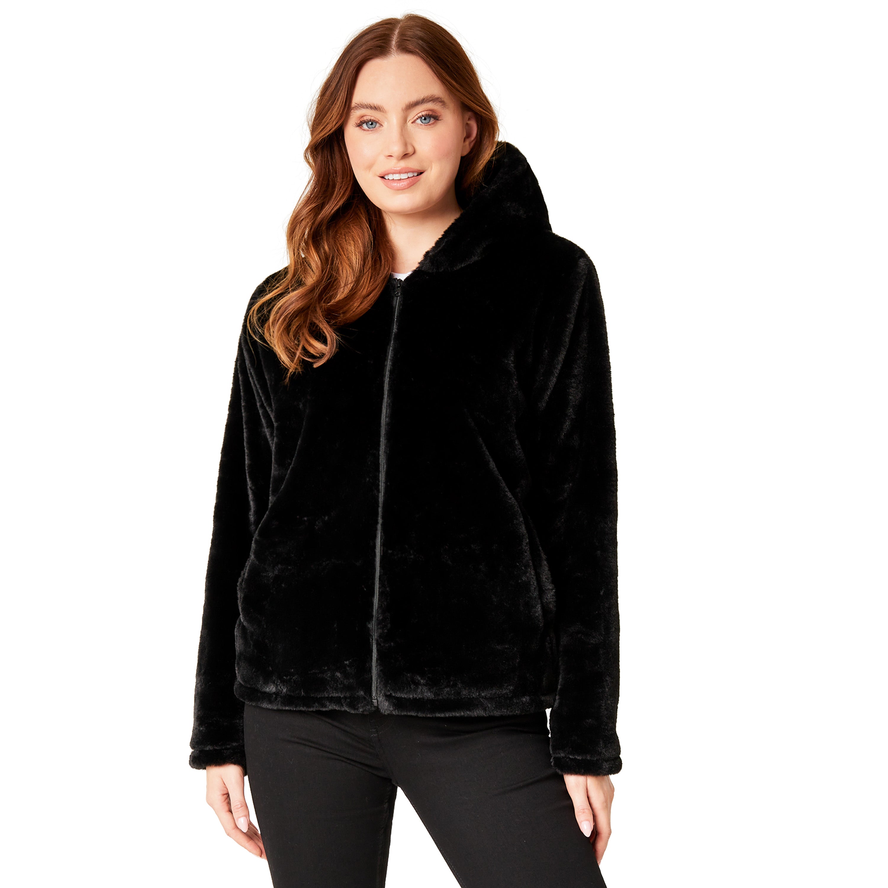 Womens Coat - Fluffy Zip Up Hooded Coat for Women - Get Trend