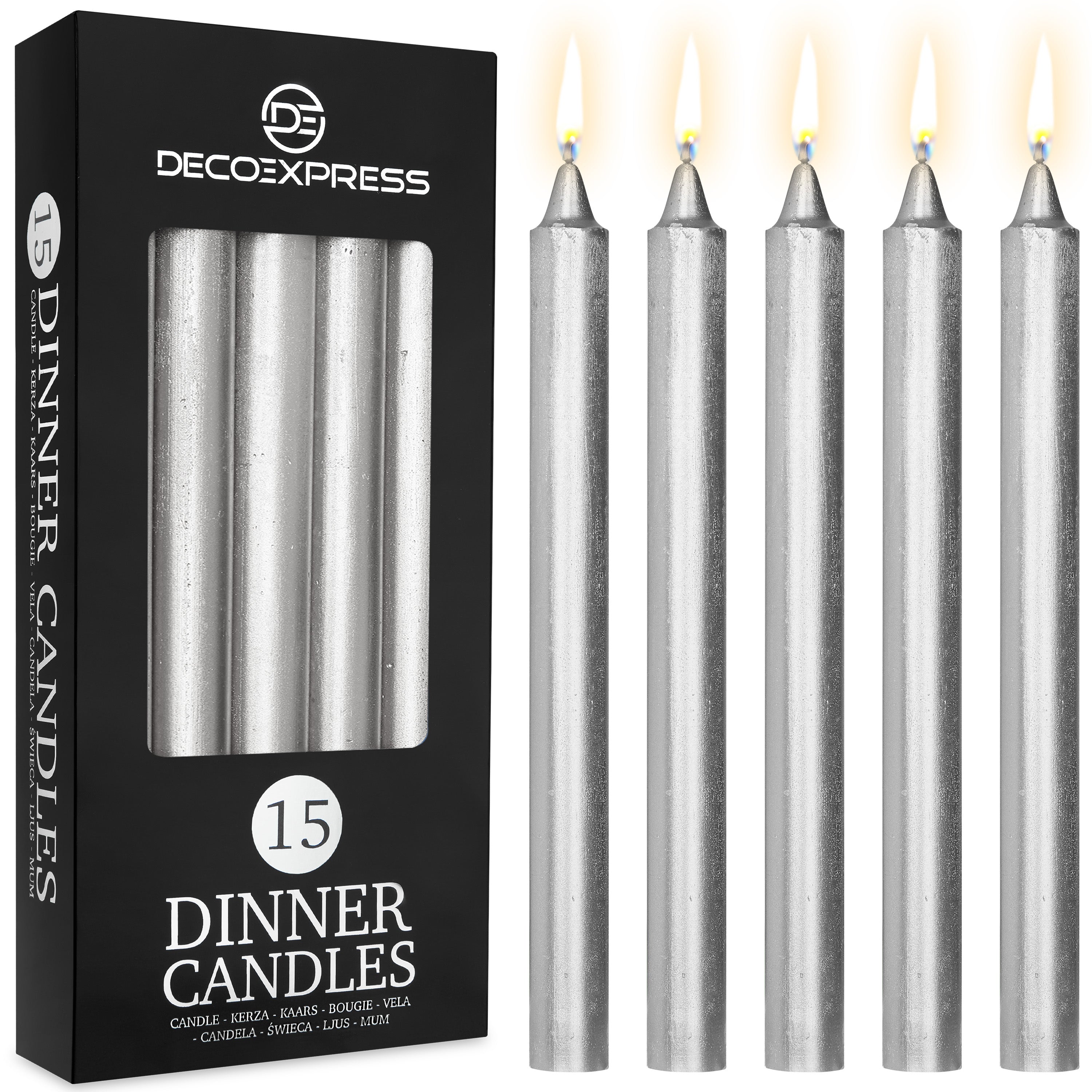 DECO EXPRESS Tapered Candle Set of 15 Dripless Metallic Unscented 9H Burn Time