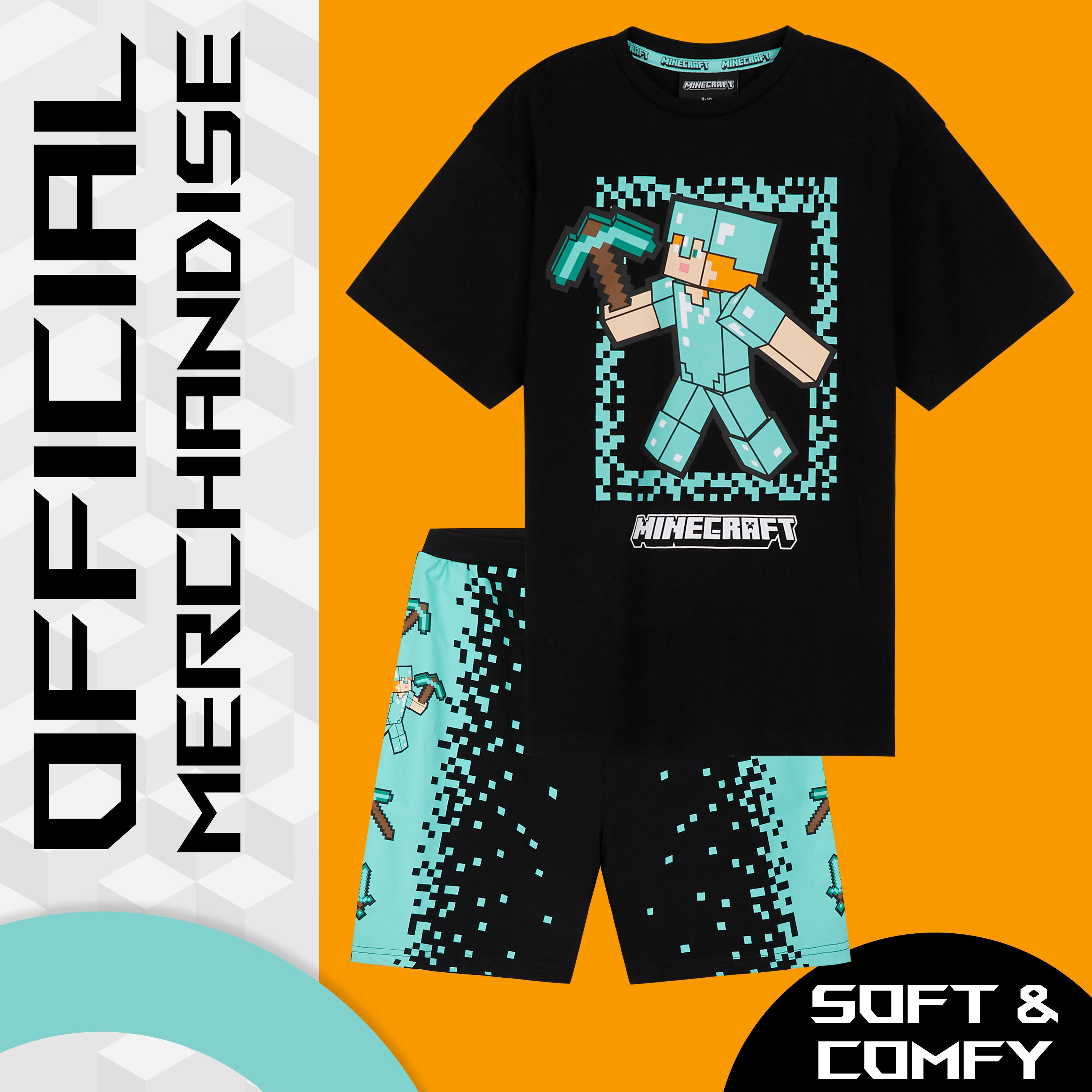 Minecraft Boys Short Pyjamas Set, Comfy Cotton Lounge Wear - Black/Blue - Get Trend