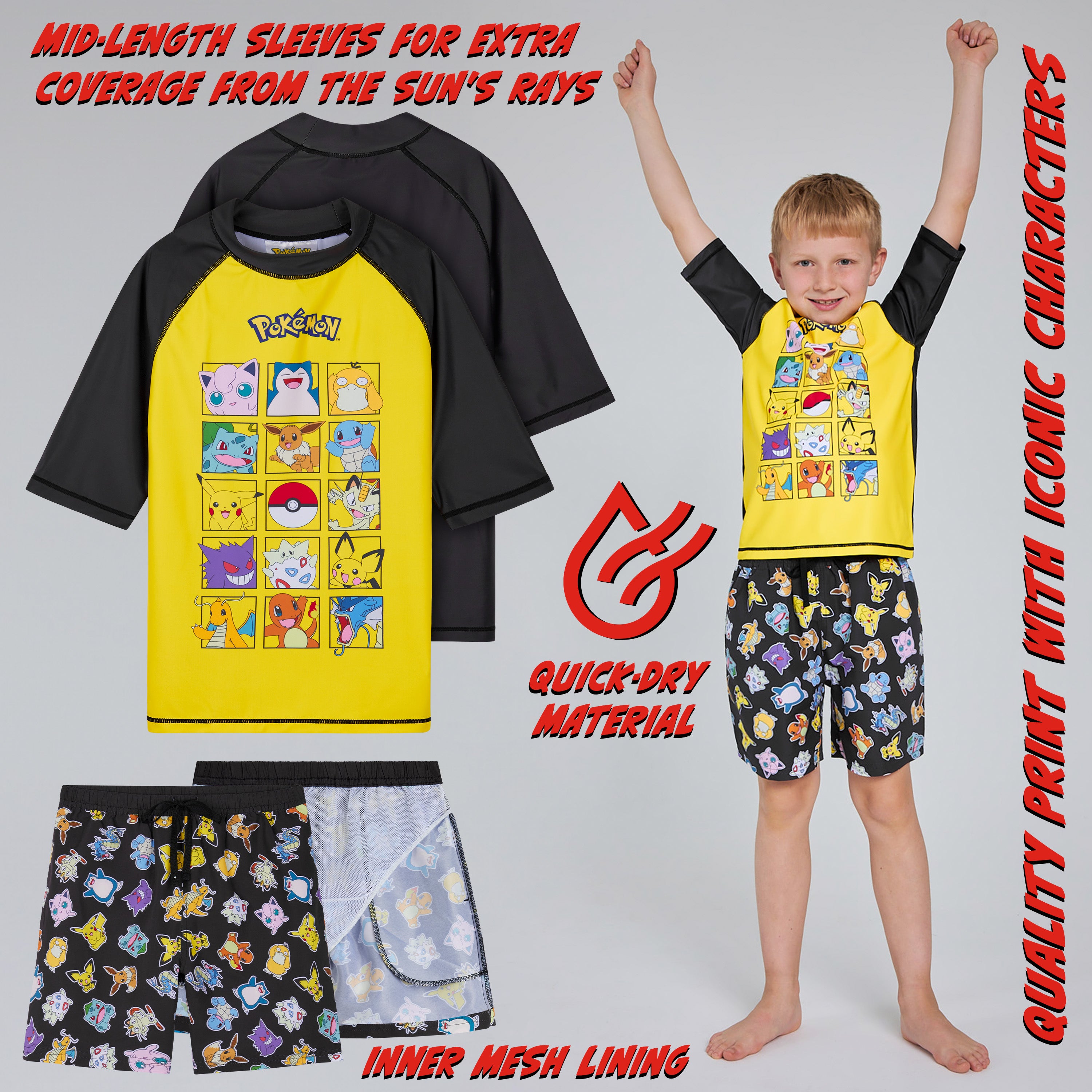 Pokemon Boys 2 Piece Swimwear Set, Swimming Top and Boys Swim Trunks - Get Trend