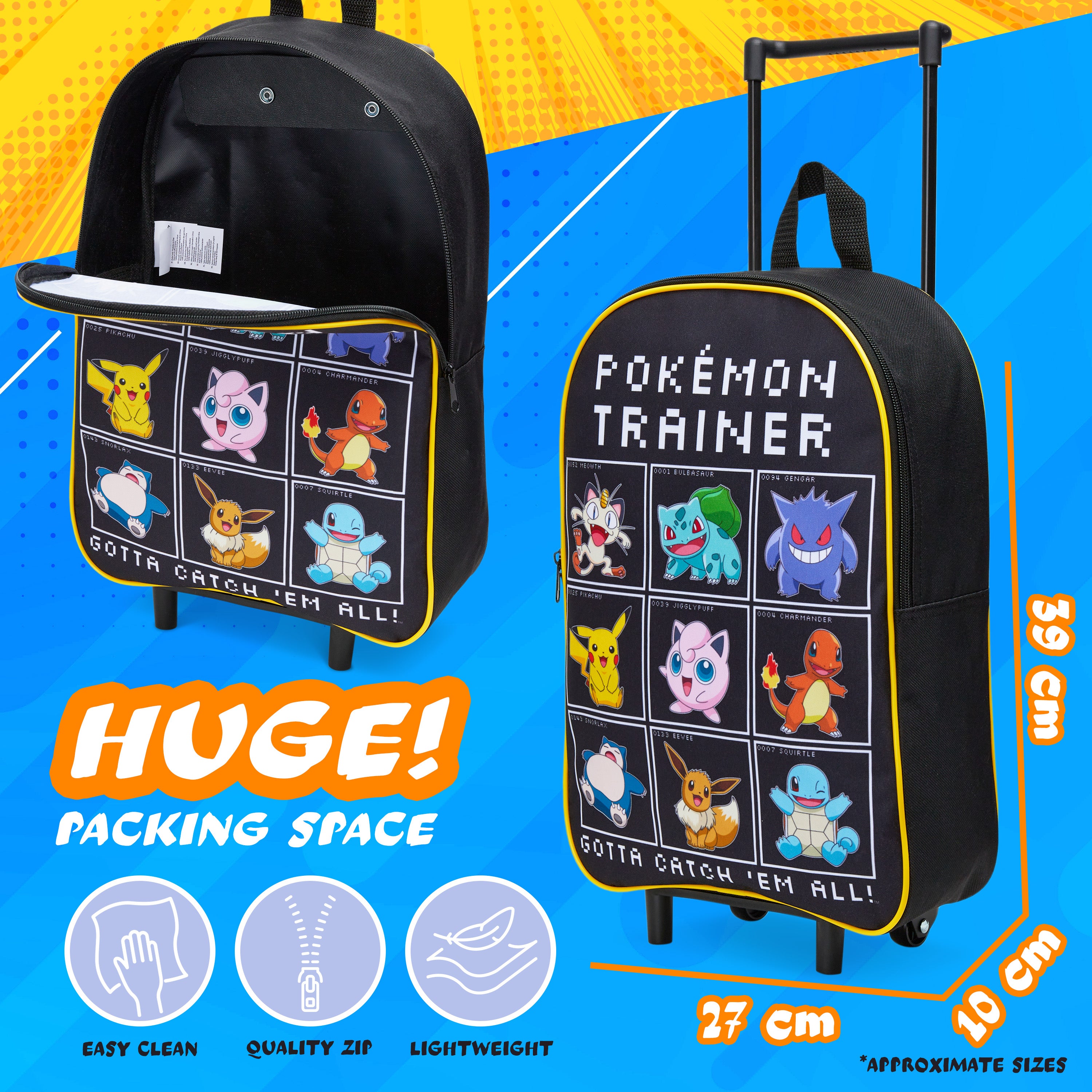 Pokemon Kids Foldable Trolley Suitcase 39 x 27cm, 10.5 litres 2 Wheels (Black/Multi) - Get Trend