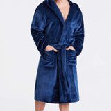 Mens Dressing Gown Super Soft Mens Fleece Robe with Hood Gowns Bathrobe Warm and Cozy