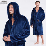 Mens Dressing Gown Super Soft Mens Fleece Robe with Hood Gowns Bathrobe Warm and Cozy