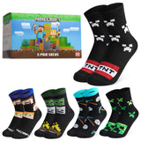 Minecraft Boys Calf Length Socks, Soft Breathable Creeper Everyday Sports School Socks Multipack - Gifts for Gamers