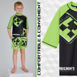 Minecraft Boys 2 Piece Swimwear Set, Swimming Top and Boys Swim Trunks - Light Green/Black - Get Trend