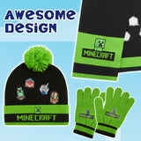 Minecraft Cold Weather Set - Creeper Beanie Hat Scarf and Gloves Set Kids Winter Set - Gaming Gifts for Boys