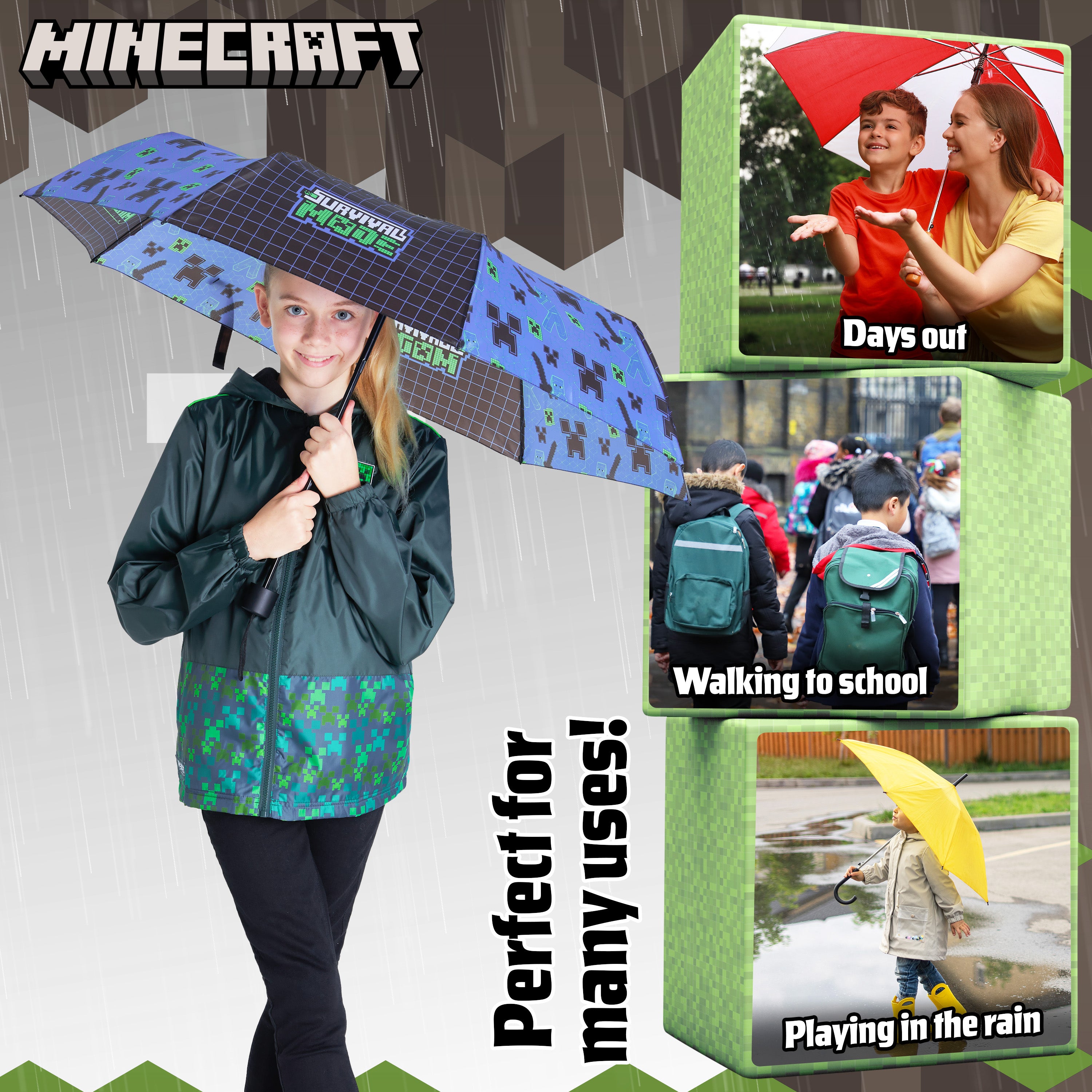 Minecraft Umbrella Kids Clear Dome Folding Umbrella Boys and Girls Travel - Get Trend