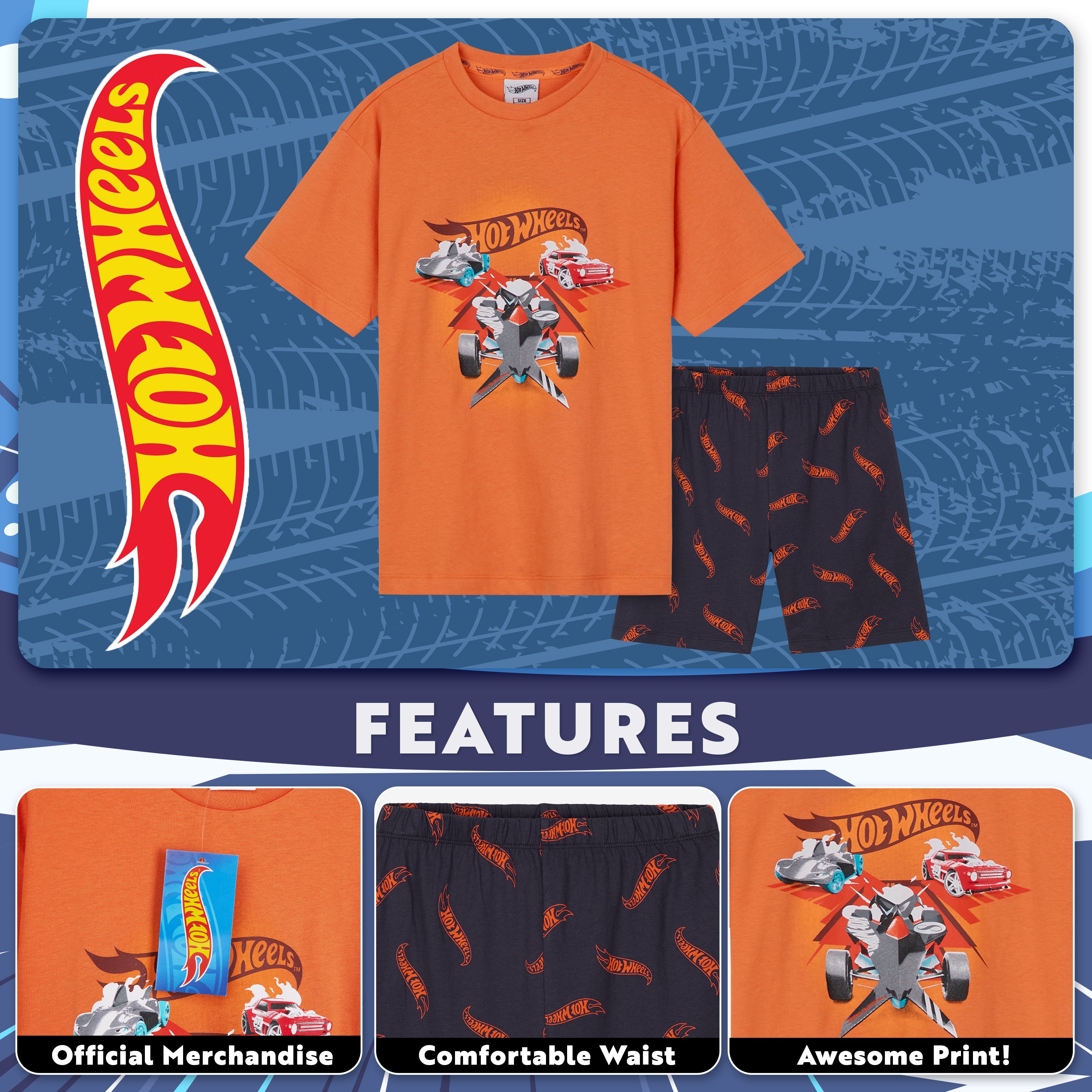 Hot Wheels Boys Short Pyjamas Set, Cotton 2 Piece Loungewear Set - Orange/Navy - Get Trend