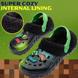 Minecraft Boys Winter Clogs Fleece Lining & Charms, Kids Teens Garden Shoes Slip On with Strap