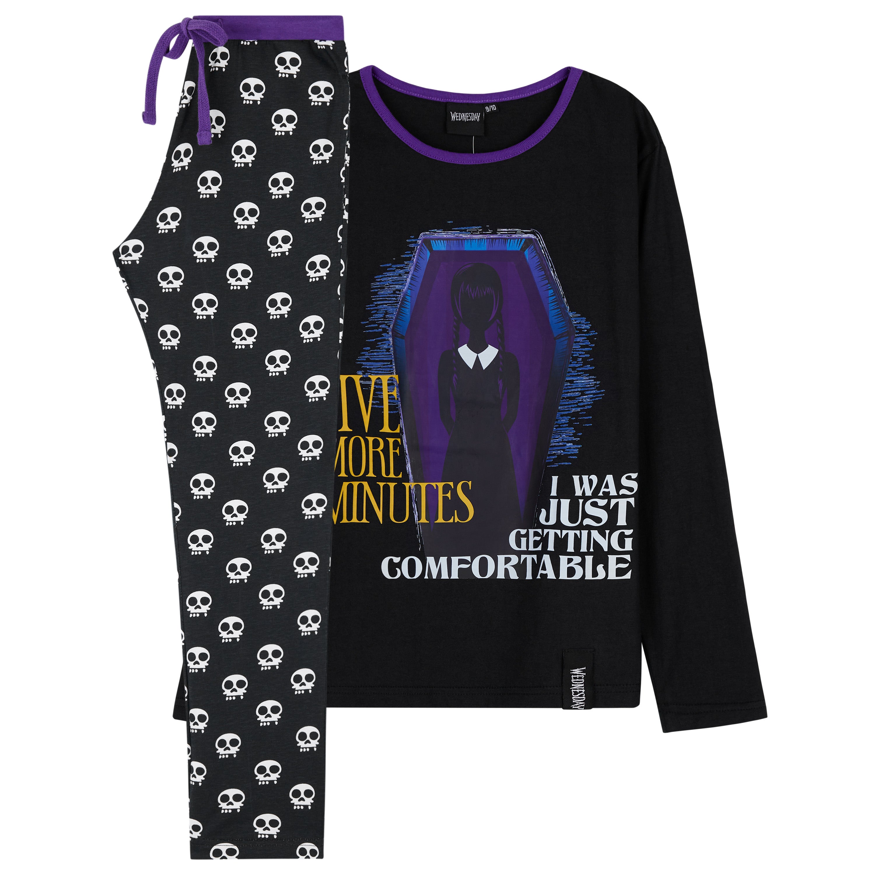 Wednesday Girls Pyjamas - Long Sleeve & Bottoms PJs - Black/Skull - Get Trend