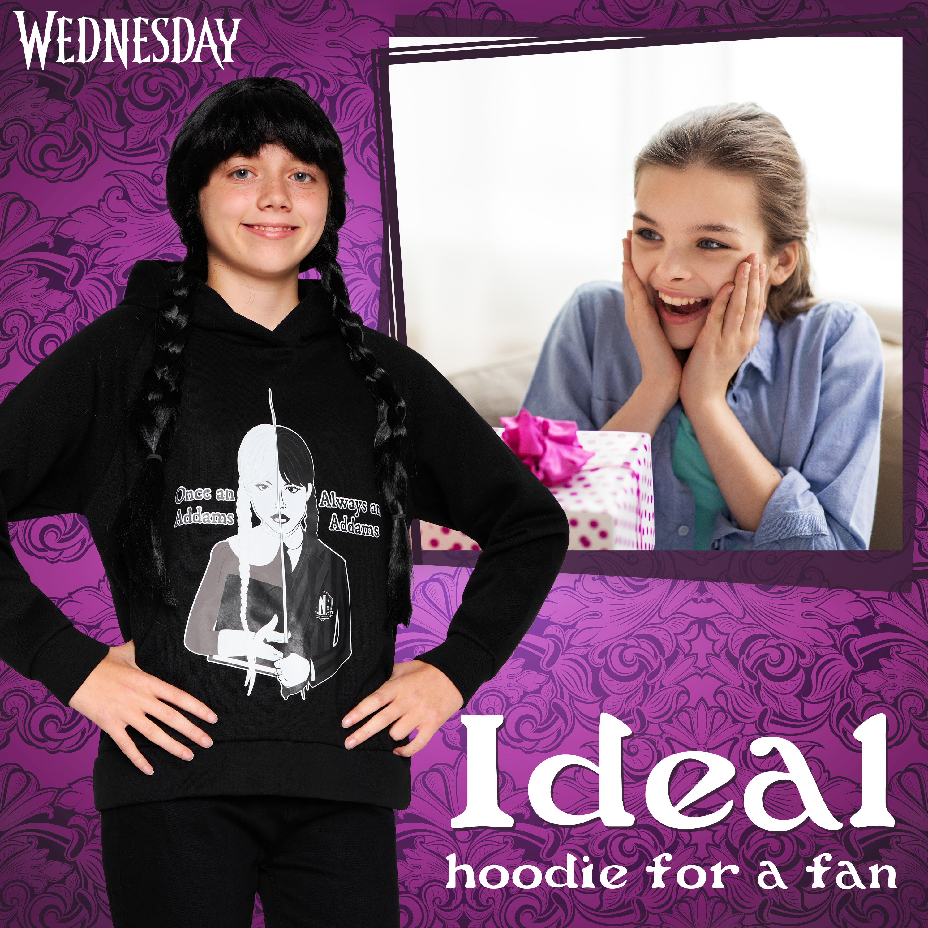 Wednesday Girls Hoodie - Hooded Sweatshirt for Girls - Black/Addams - Get Trend