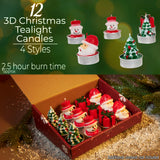 DECO EXPRESS Christmas Tealight Candle Set, Multipack of 12 with 2.5 Hours Burning Time Festive Xmas Decor Unscented (Multi 3D 12 Pack)